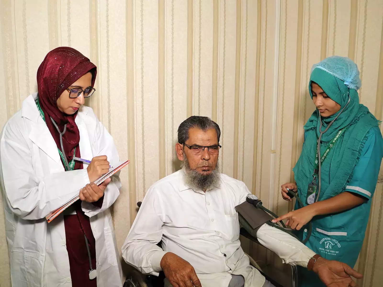 Doctor Consultation at home — a BMDC-registered doctor examining a patient in their own room