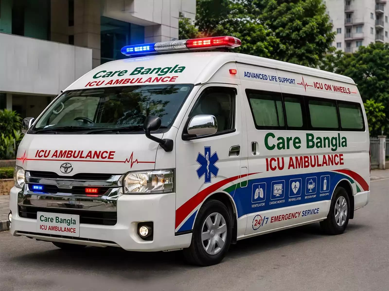 Ambulance Service — an emergency ambulance responding on a road in Bangladesh