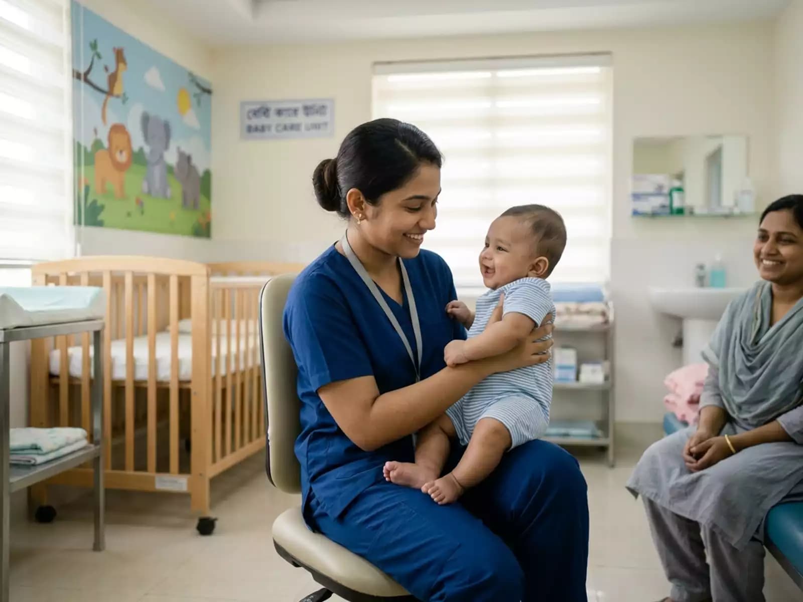 Baby Care at home — a mother holding her smiling newborn on a bed