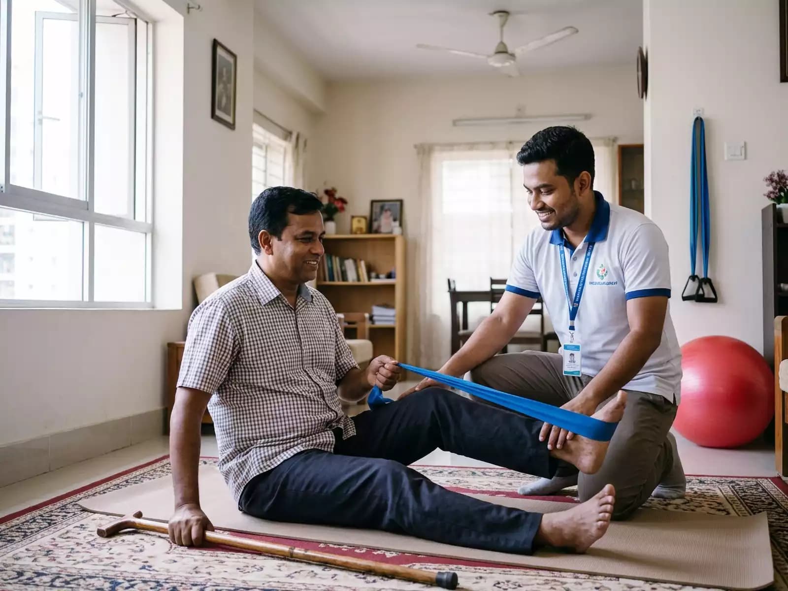 Physiotherapy at home — a physiotherapist guiding a patient through leg exercises