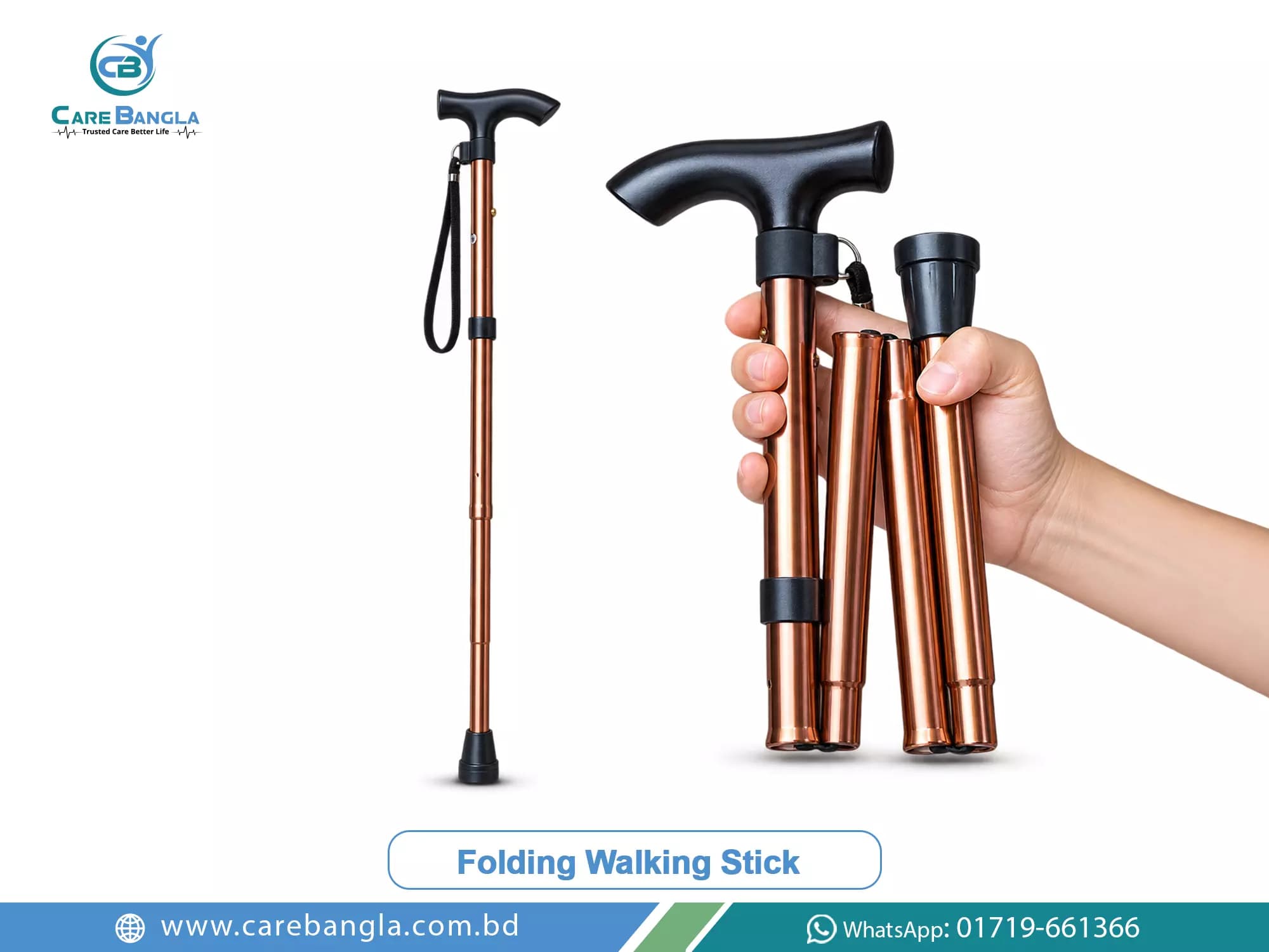 Folding Walking Stick Price in Bangladesh — four-section folding walking stick shown folded in a hand and extended with wrist strap
