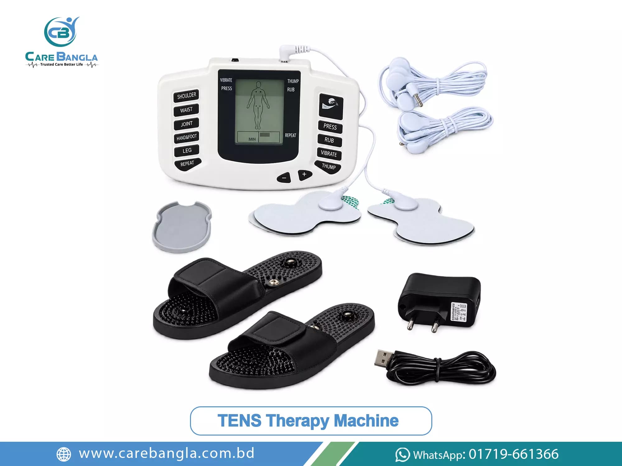 TENS Therapy Machine Price in Bangladesh — compact TENS therapy machine with electrode pads and lead wires