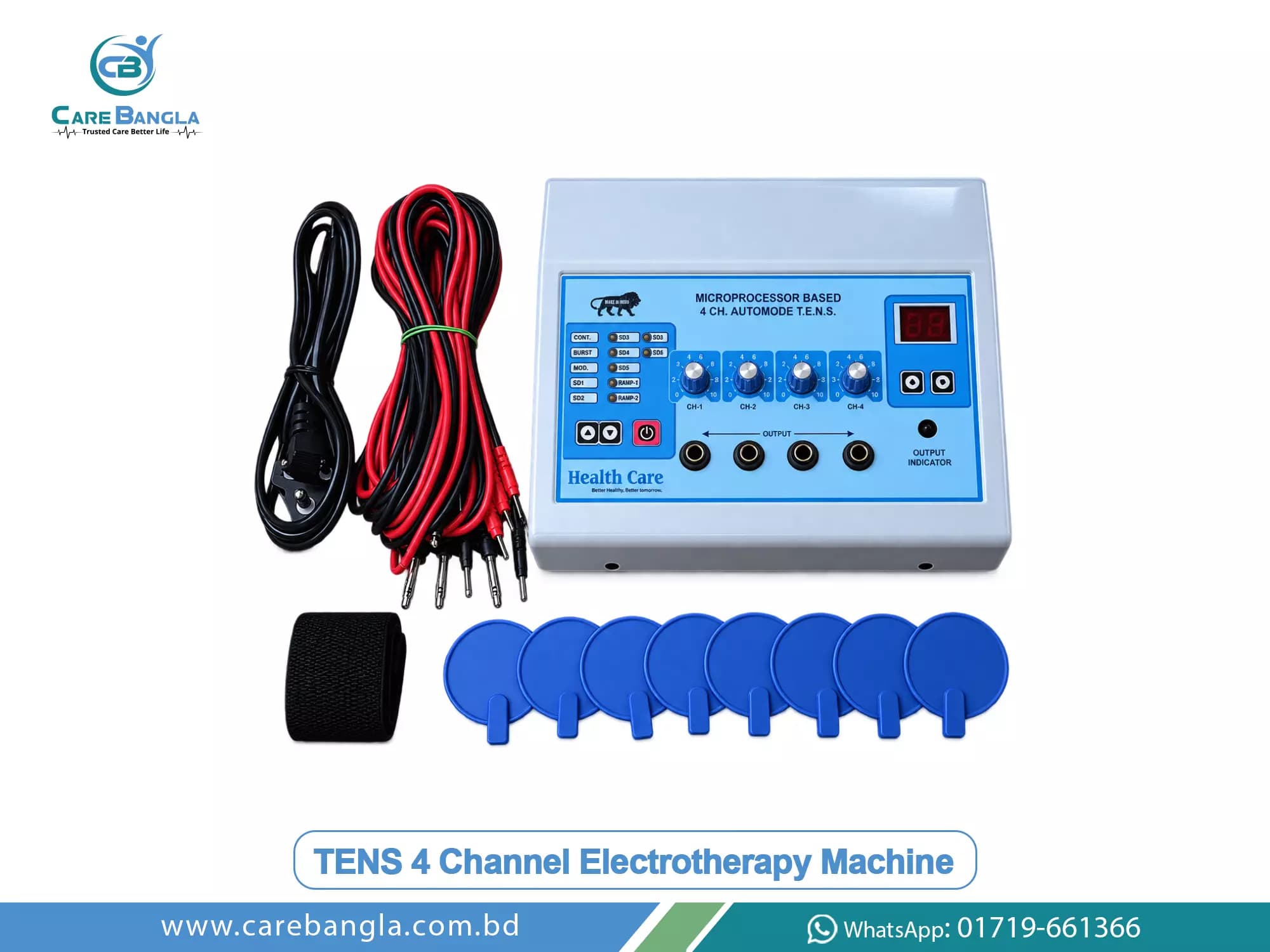 TENS 4 Channel Electrotherapy Machine Price in Bangladesh — four channel TENS electrotherapy machine with eight electrode pads for clinic use