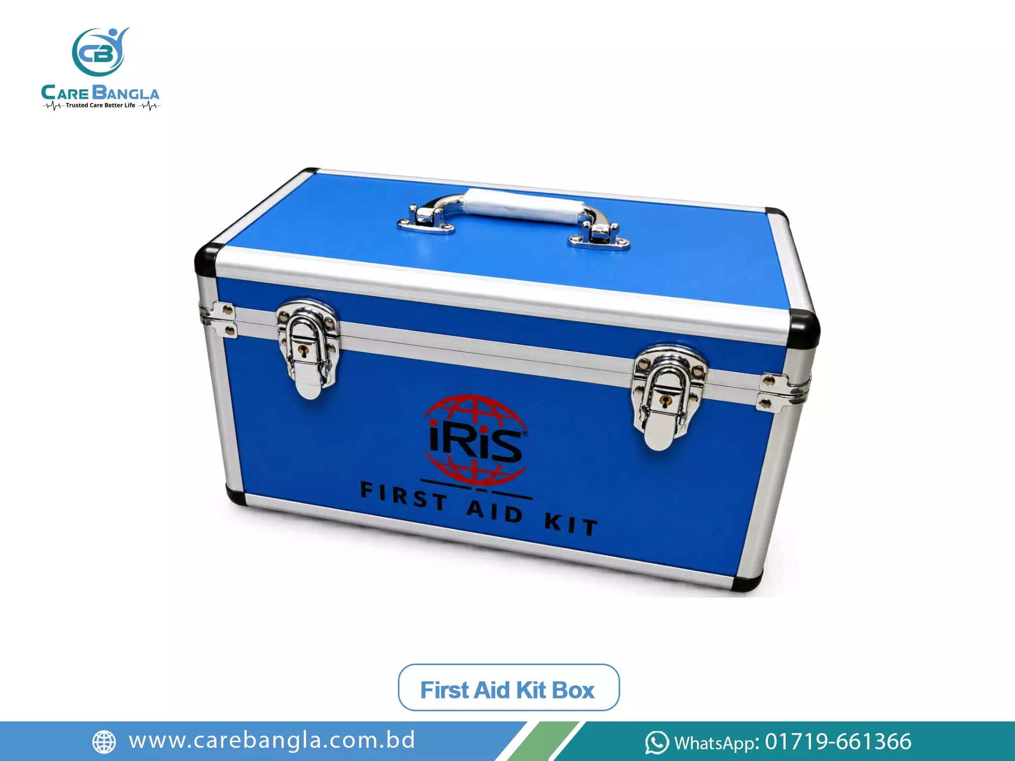 First Aid Kit Box Price in Bangladesh — blue aluminium-edged first aid box with a carry handle and two lockable latches