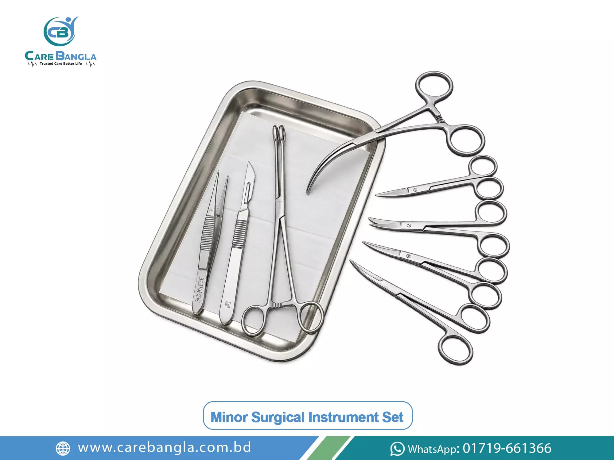 Minor Surgical Instrument Set Price in Bangladesh — minor surgical instrument set with stainless tray, scalpel handle, tissue forceps, artery forceps and several scissors