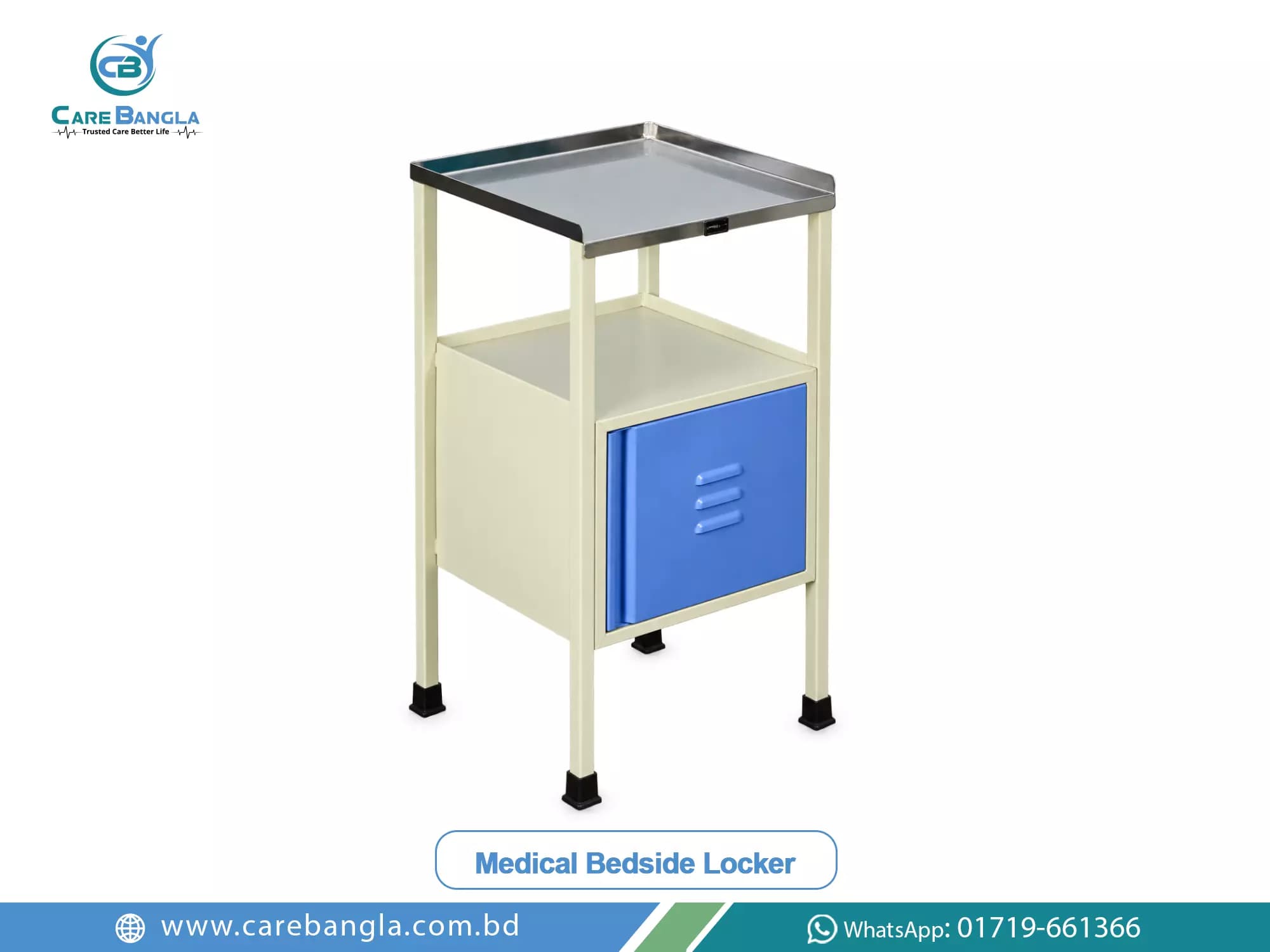 Medical Bedside Locker Price in Bangladesh — hospital bedside locker with stainless top, open middle shelf and a lower cabinet with a vented door