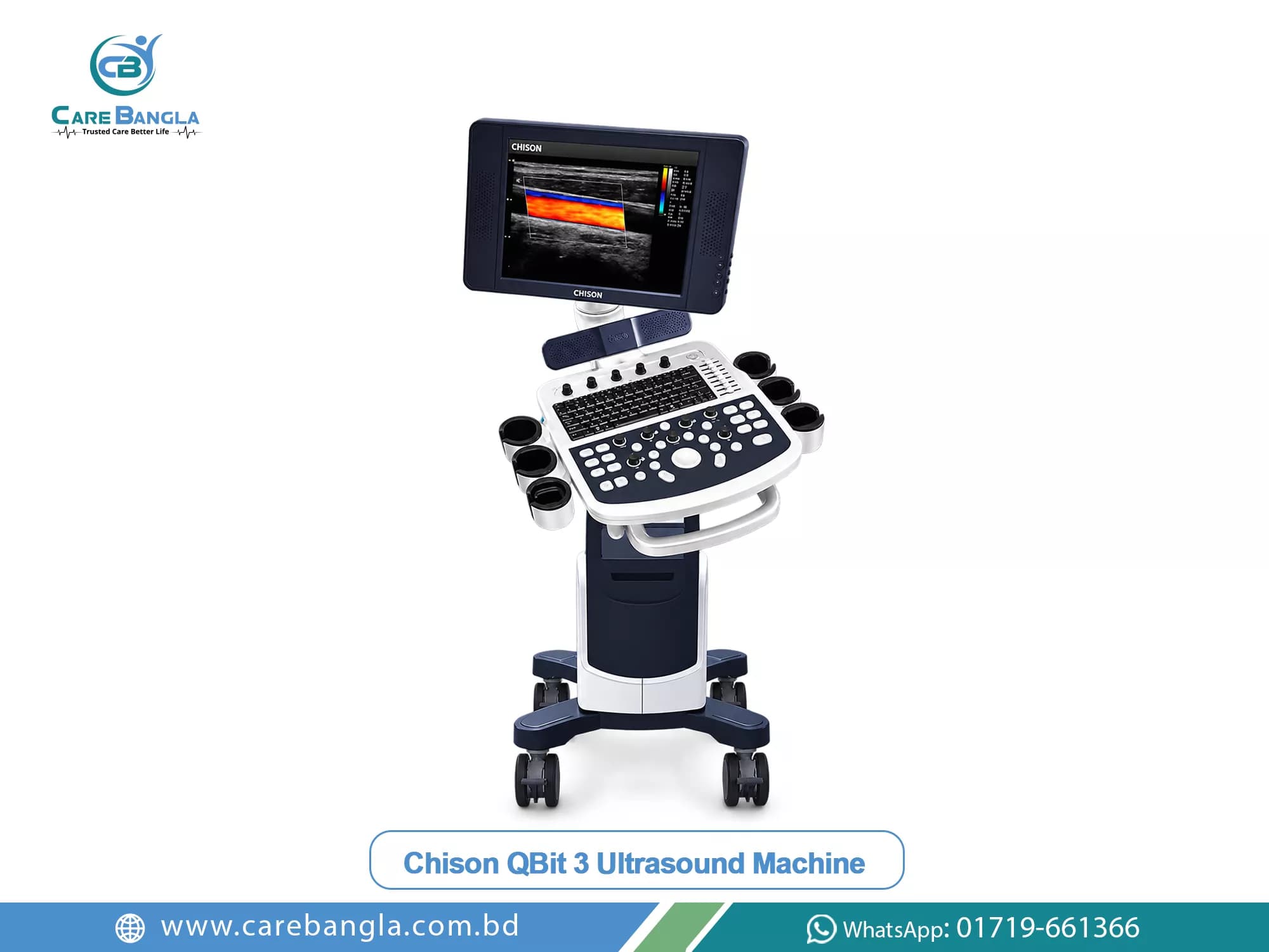 Chison QBit 3 Ultrasound Machine Price in Bangladesh — Chison QBit 3 colour Doppler digital ultrasound console on its trolley