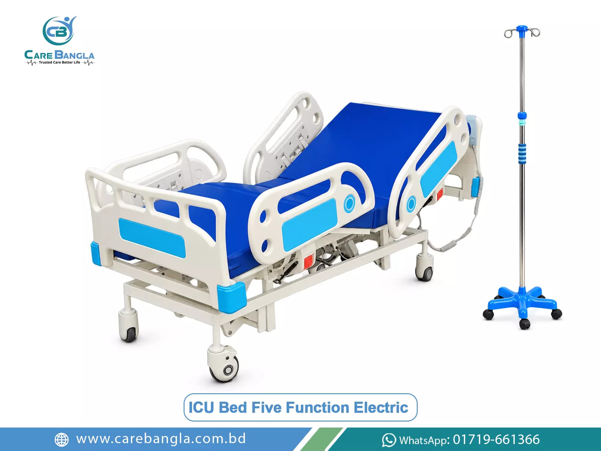 ICU Bed Five Function Electric Price in Bangladesh ICU Bed Five Function Electric Price in Bangladesh — five function electric ICU bed with four ABS half rails and powered tilt