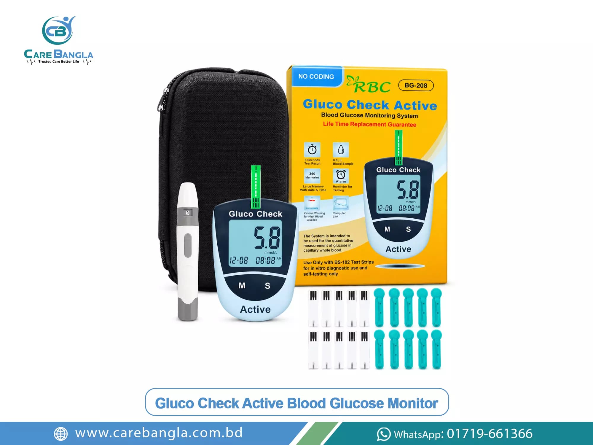 Gluco Check Active Blood Glucose Monitor Price in Bangladesh Gluco Check Active Blood Glucose Monitor Price in Bangladesh — RBC Gluco Check Active BG-208 meter with carry case, lancing device, strips and lancets