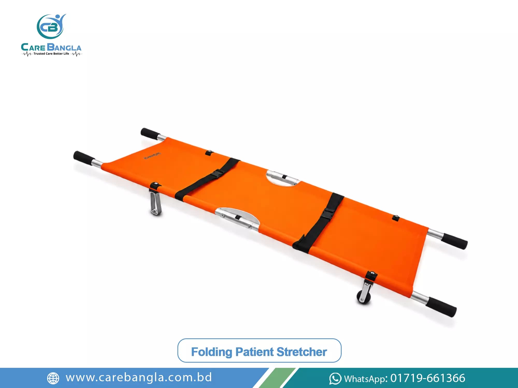 Folding Patient Stretcher Price in Bangladesh Folding Patient Stretcher Price in Bangladesh — four fold aluminium stretcher in orange PVC with two restraint straps, end castors and a carry bag