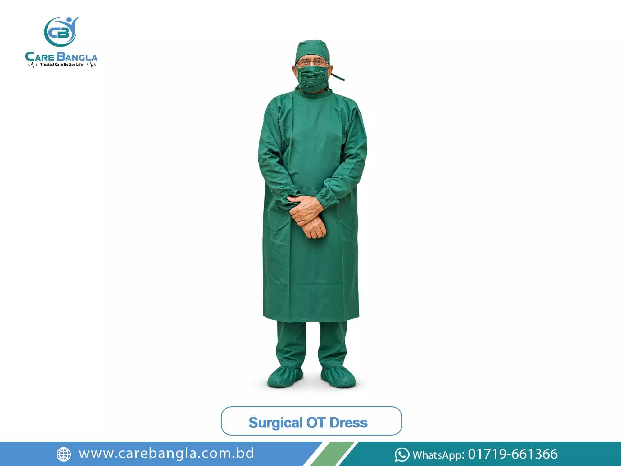 Surgical OT Dress Price in Bangladesh Surgical OT Dress Price in Bangladesh — reusable green cotton operating theatre gown worn with a matching cap and cloth mask