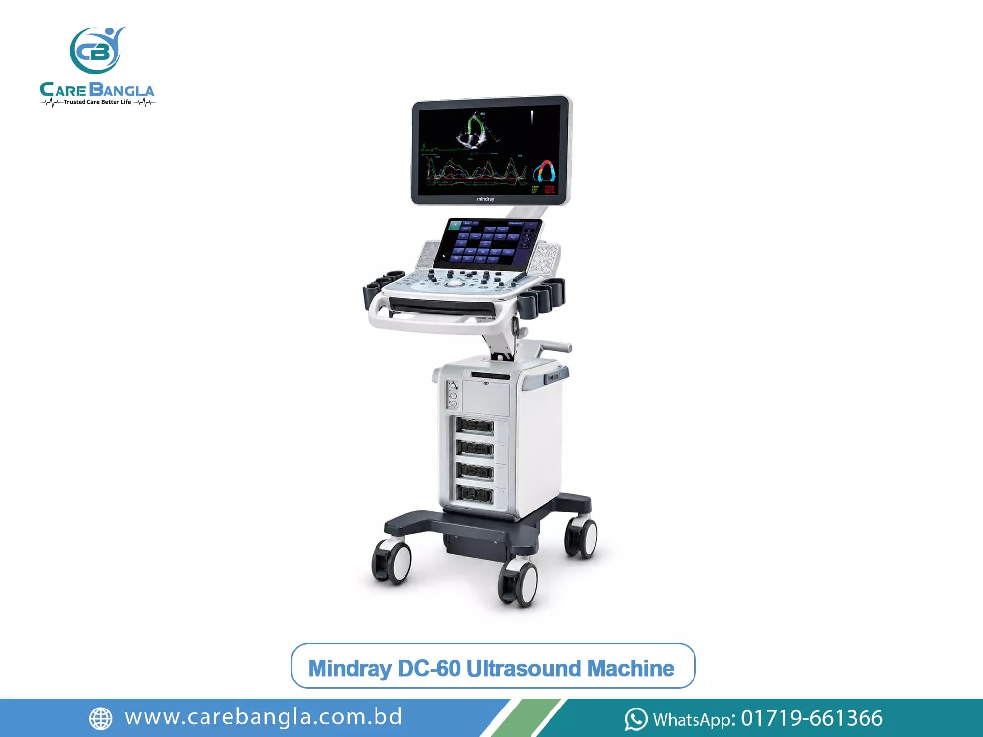 Mindray DC-60 Ultrasound Machine Price in Bangladesh Mindray DC-60 Ultrasound Machine Price in Bangladesh — Mindray DC-60 trolley colour Doppler console with articulating monitor, touch panel and four transducers connected