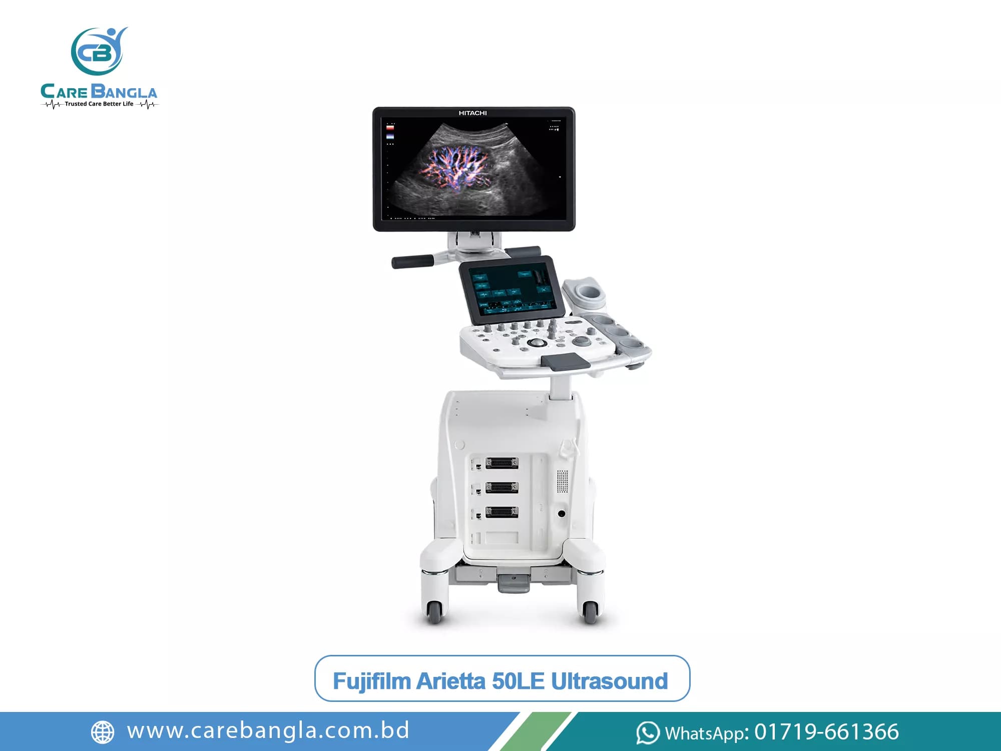 Fujifilm Arietta 50LE Ultrasound Price in Bangladesh Fujifilm Arietta 50LE Ultrasound Price in Bangladesh — Fujifilm Arietta 50LE console with Hitachi-branded monitor, touch panel and three transducer ports