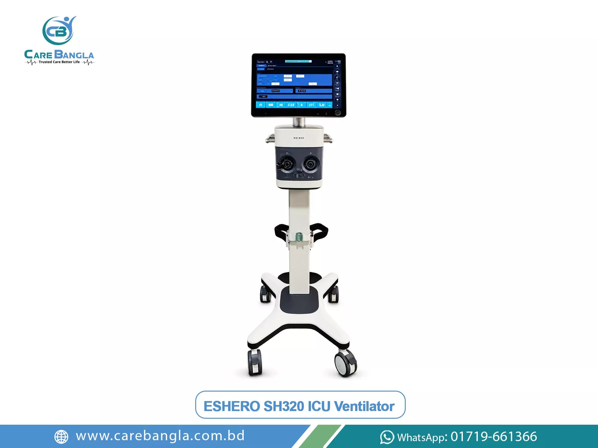 ESHERO SH320 ICU Ventilator Price in Bangladesh ESHERO SH320 ICU Ventilator Price in Bangladesh — ESHERO SH320 ICU ventilator with colour touchscreen on a mobile trolley